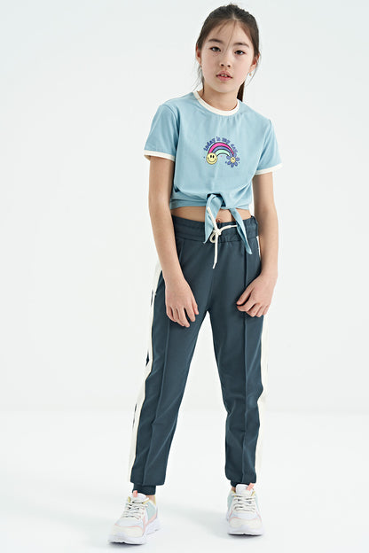 Light Blue Print Detailed O Collar Multicolor Tie Detailed Girl's T-Shirt - 75113