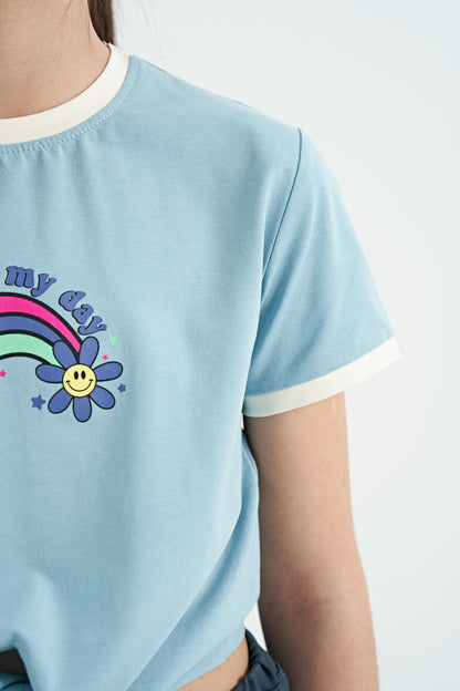 Light Blue Print Detailed O Collar Multicolor Tie Detailed Girl's T-Shirt - 75113