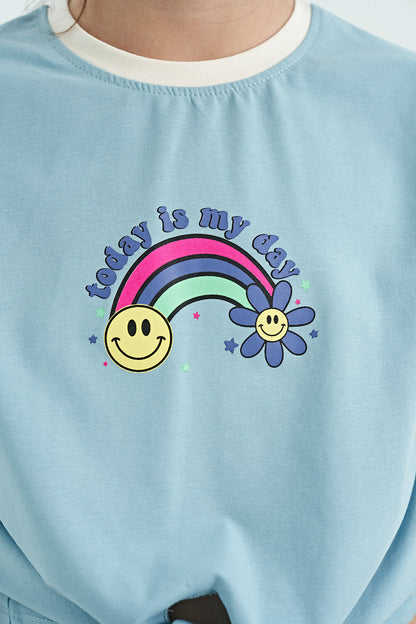 Light Blue Print Detailed O Collar Multicolor Tie Detailed Girl's T-Shirt - 75113