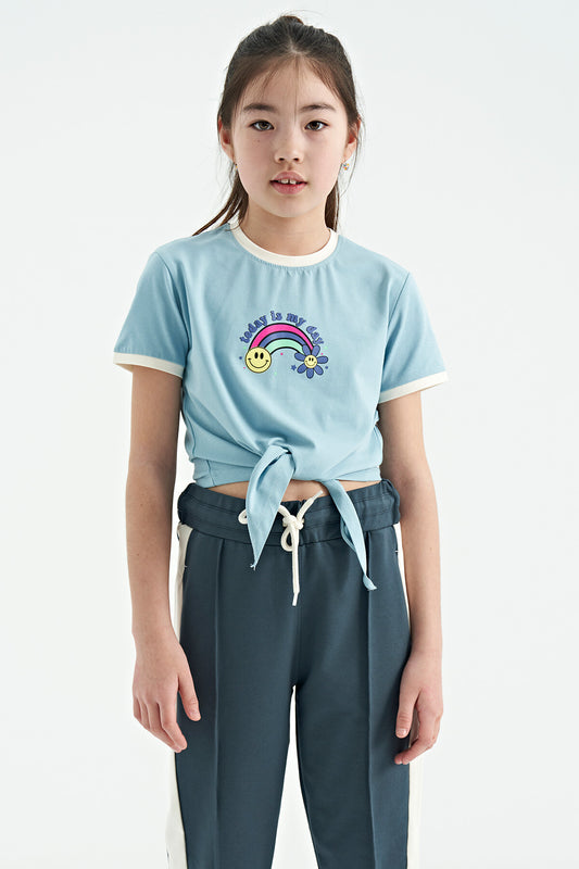 Light Blue Print Detailed O Collar Multicolor Tie Detailed Girl's T-Shirt - 75113
