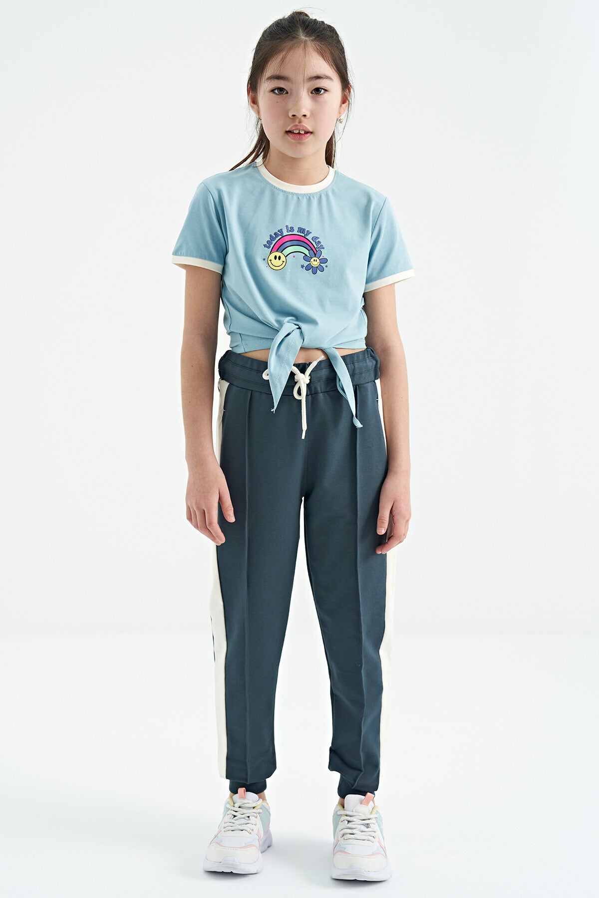 Light Blue Print Detailed O Collar Multicolor Tie Detailed Girl's T-Shirt - 75113