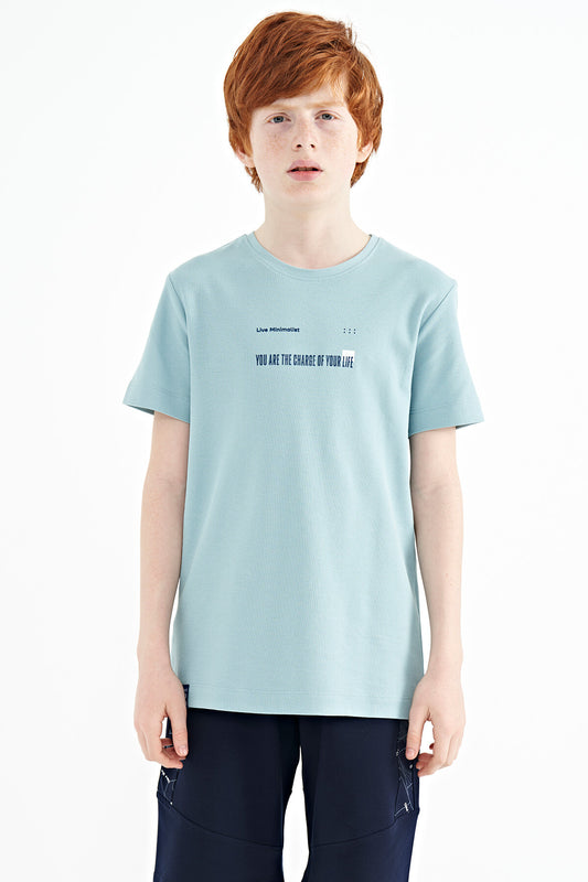 Light Blue Print Detailed O Collar Standard Fit Boy's T-Shirt - 11117