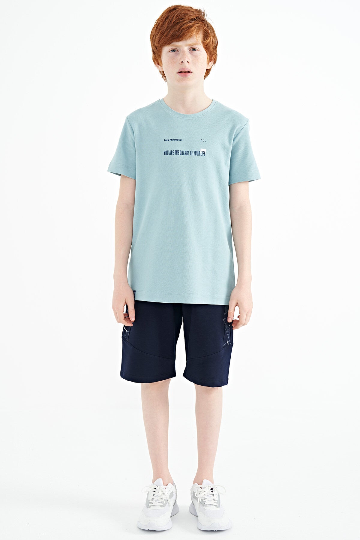 Light Blue Print Detailed O Collar Standard Fit Boy's T-Shirt - 11117
