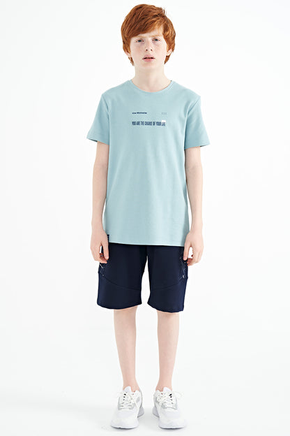 Light Blue Print Detailed O Collar Standard Fit Boy's T-Shirt - 11117