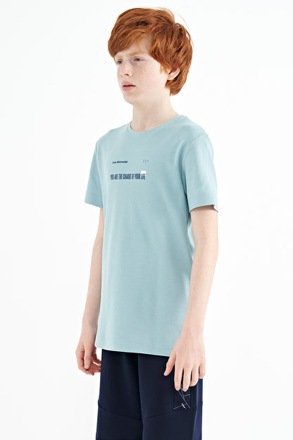 Light Blue Print Detailed O Collar Standard Fit Boy's T-Shirt - 11117
