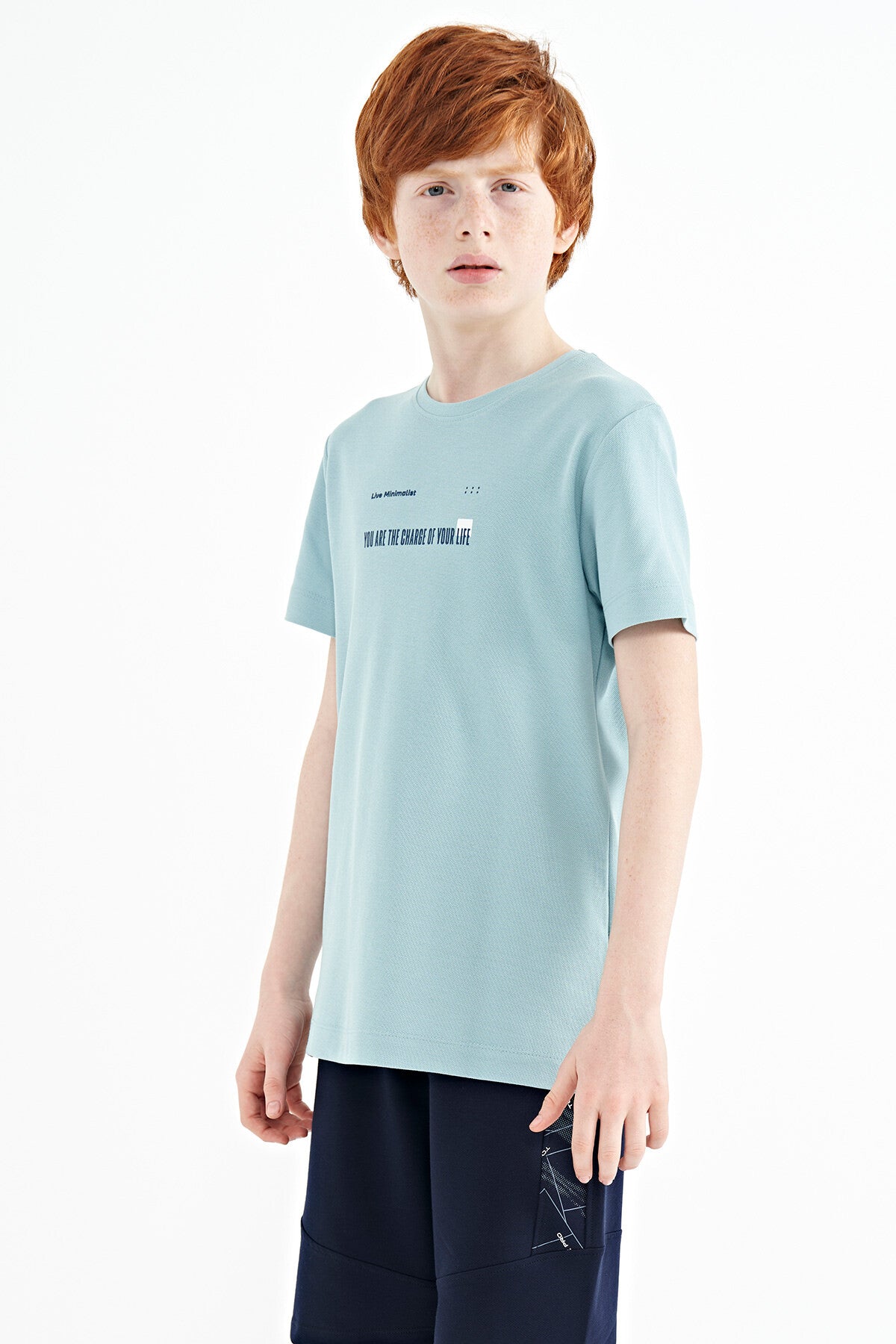 Light Blue Print Detailed O Collar Standard Fit Boy's T-Shirt - 11117