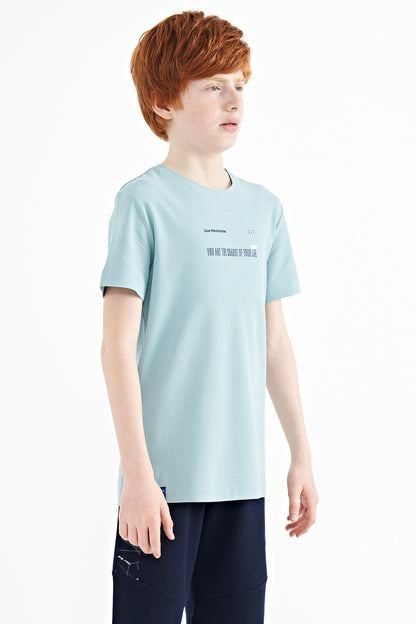 Light Blue Print Detailed O Collar Standard Fit Boy's T-Shirt - 11117