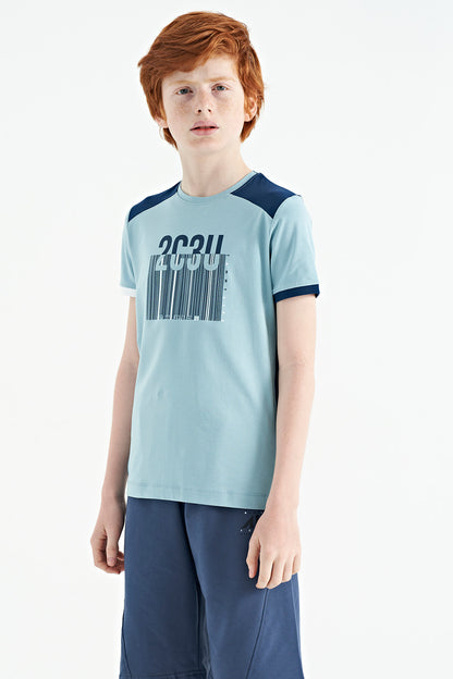Light Blue Print Detailed O Collar Standard Fit Boys T-Shirt - 11157