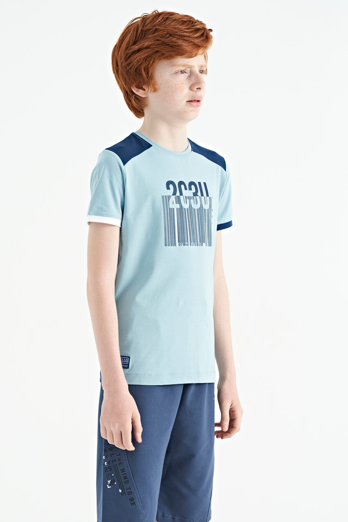 Light Blue Print Detailed O Collar Standard Fit Boys T-Shirt - 11157