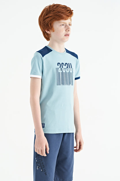 Light Blue Print Detailed O Collar Standard Fit Boys T-Shirt - 11157