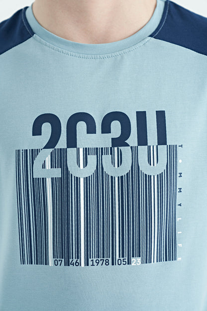 Light Blue Print Detailed O Collar Standard Fit Boys T-Shirt - 11157