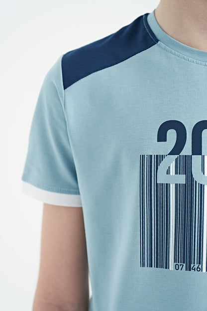 Light Blue Print Detailed O Collar Standard Fit Boys T-Shirt - 11157