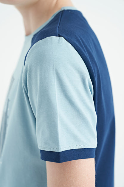 Light Blue Print Detailed O Collar Standard Fit Boys T-Shirt - 11157