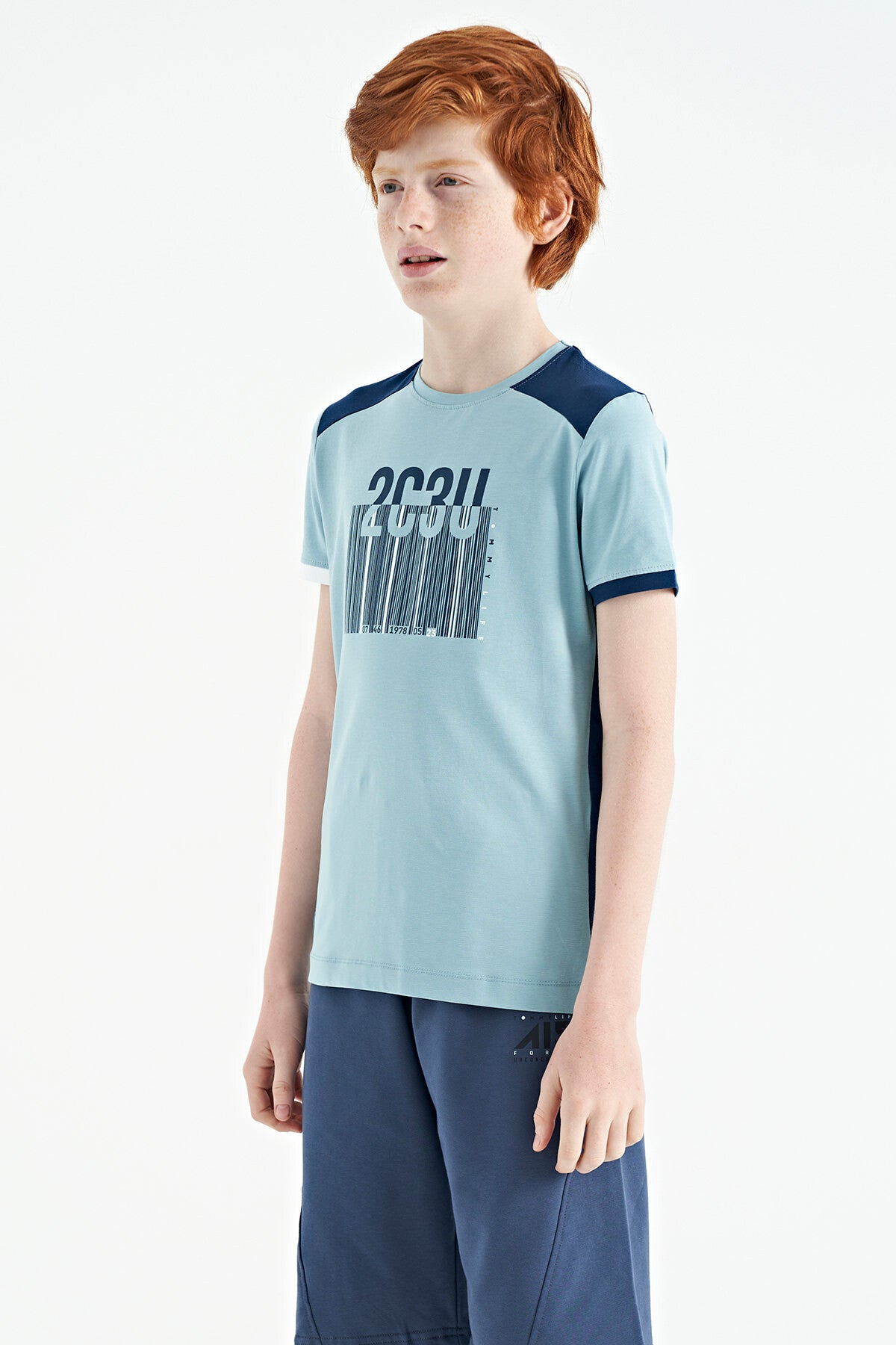 Light Blue Print Detailed O Collar Standard Fit Boys T-Shirt - 11157