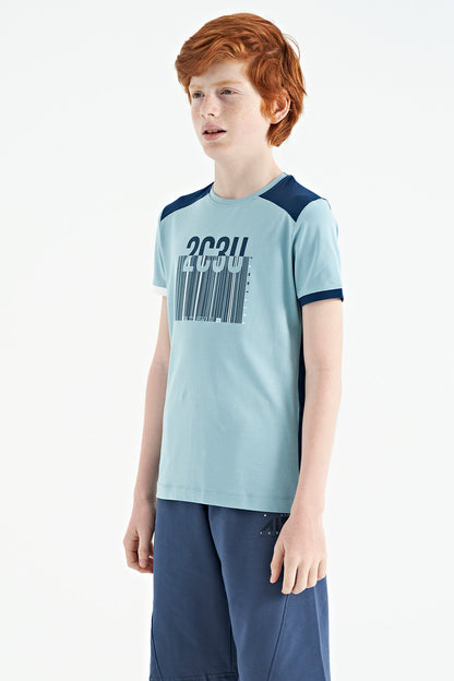 Light Blue Print Detailed O Collar Standard Fit Boys T-Shirt - 11157