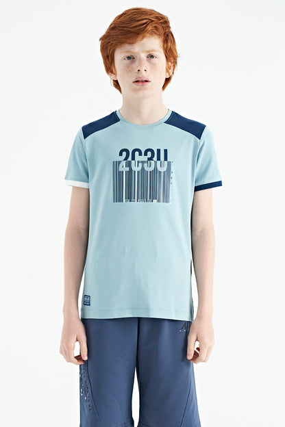 Light Blue Print Detailed O Collar Standard Fit Boys T-Shirt - 11157
