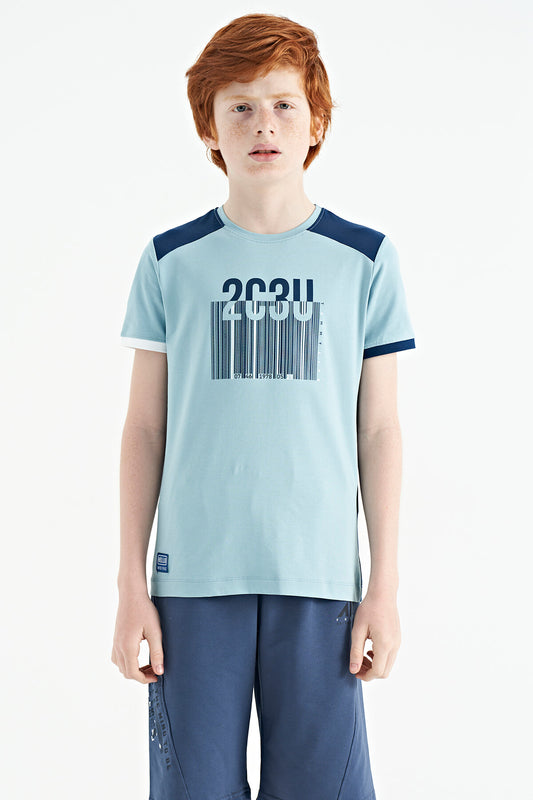 Light Blue Print Detailed O Collar Standard Fit Boys T-Shirt - 11157