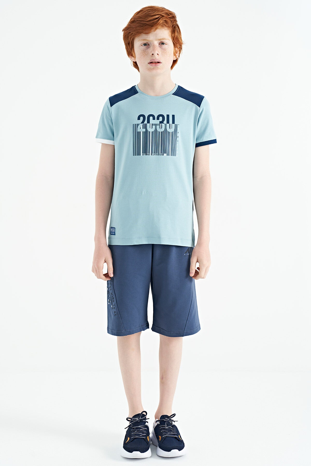 Light Blue Print Detailed O Collar Standard Fit Boys T-Shirt - 11157