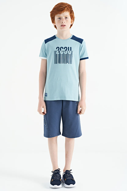 Light Blue Print Detailed O Collar Standard Fit Boys T-Shirt - 11157