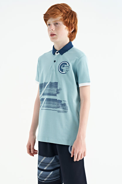 Light Blue Print Detailed Polo Collar Standard Fit Boys T-Shirt - 11094