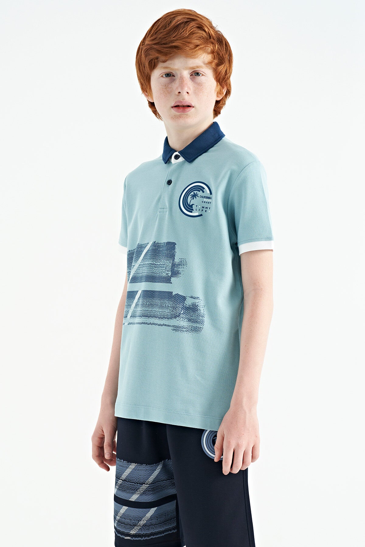 Light Blue Print Detailed Polo Collar Standard Fit Boys T-Shirt - 11094