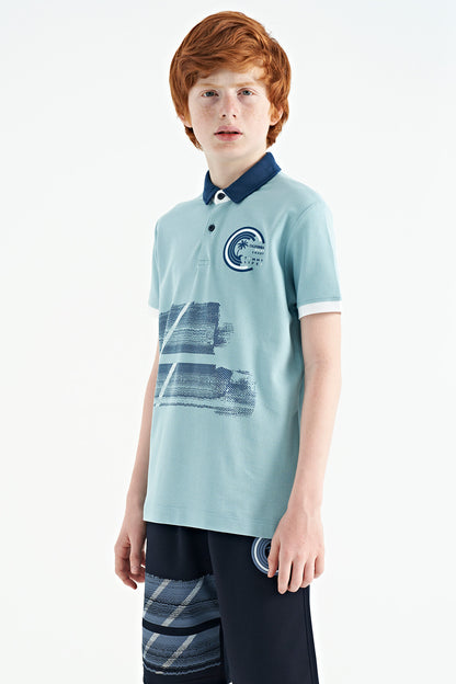 Light Blue Print Detailed Polo Collar Standard Fit Boys T-Shirt - 11094
