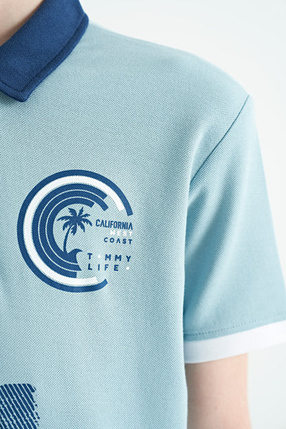 Light Blue Print Detailed Polo Collar Standard Fit Boys T-Shirt - 11094