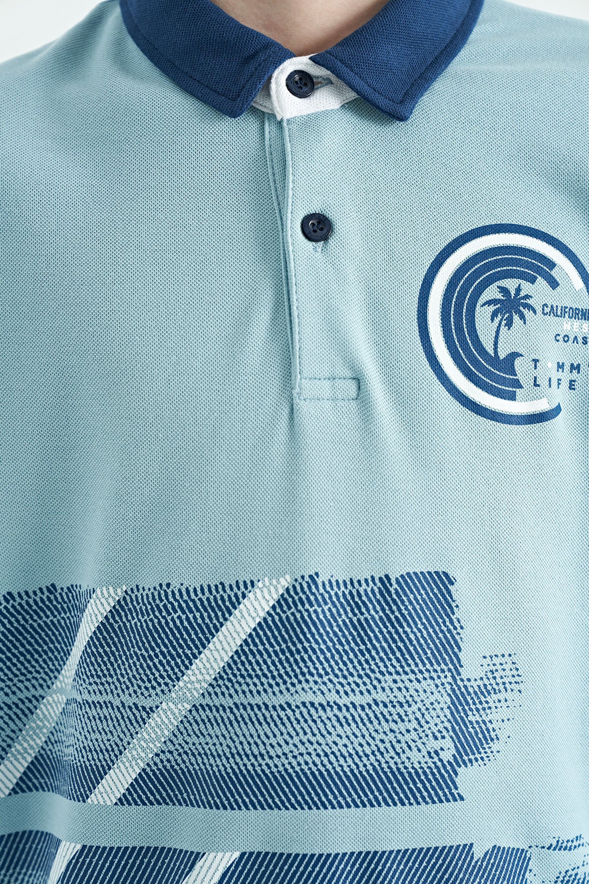 Light Blue Print Detailed Polo Collar Standard Fit Boys T-Shirt - 11094
