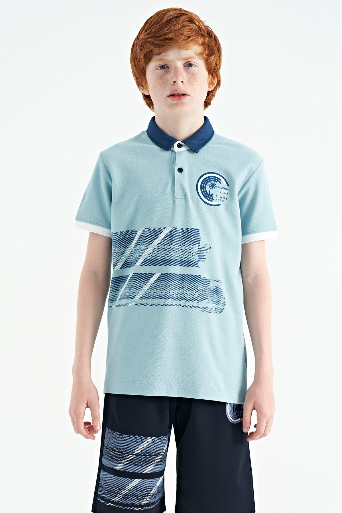 Light Blue Print Detailed Polo Collar Standard Fit Boys T-Shirt - 11094
