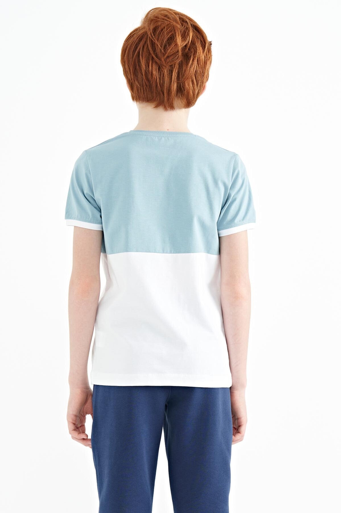 Light Blue Print Detailed Color Blocked Standard Fit O Collar Boys T-Shirt - 11107
