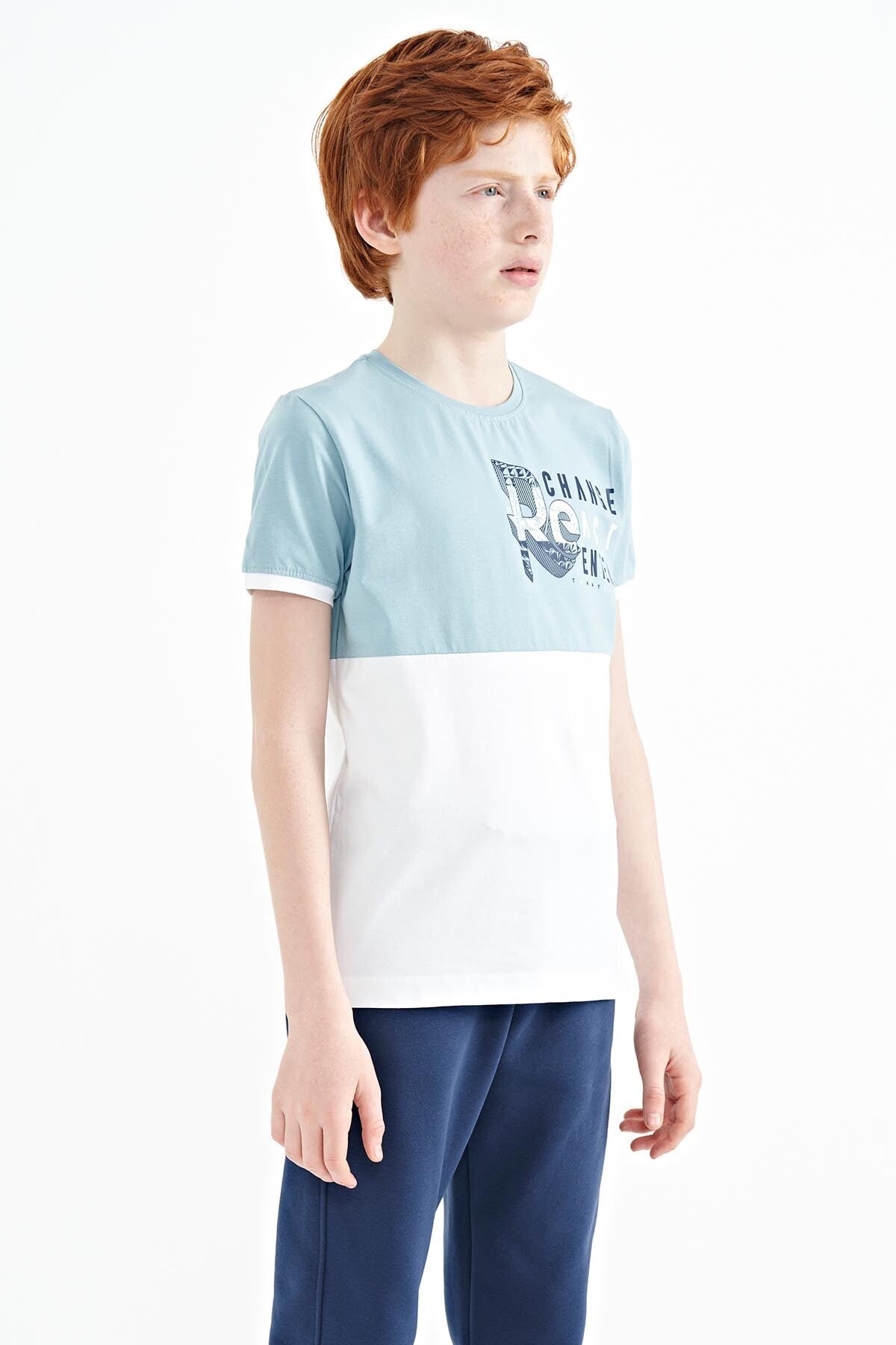 Light Blue Print Detailed Color Blocked Standard Fit O Collar Boys T-Shirt - 11107