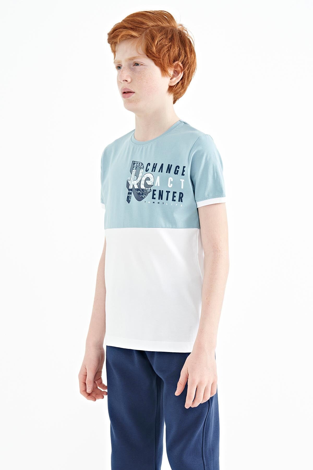 Light Blue Print Detailed Color Blocked Standard Fit O Collar Boys T-Shirt - 11107