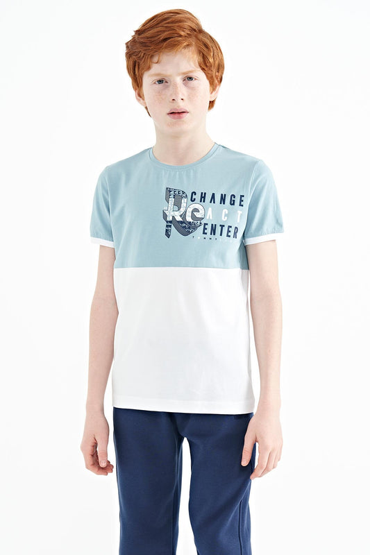 Light Blue Print Detailed Color Blocked Standard Fit O Collar Boys T-Shirt - 11107