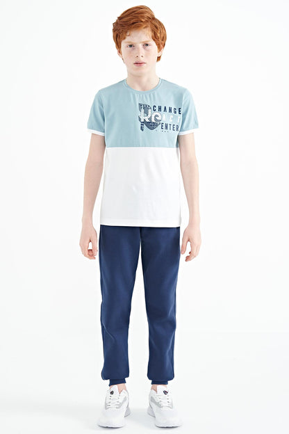 Light Blue Print Detailed Color Blocked Standard Fit O Collar Boys T-Shirt - 11107