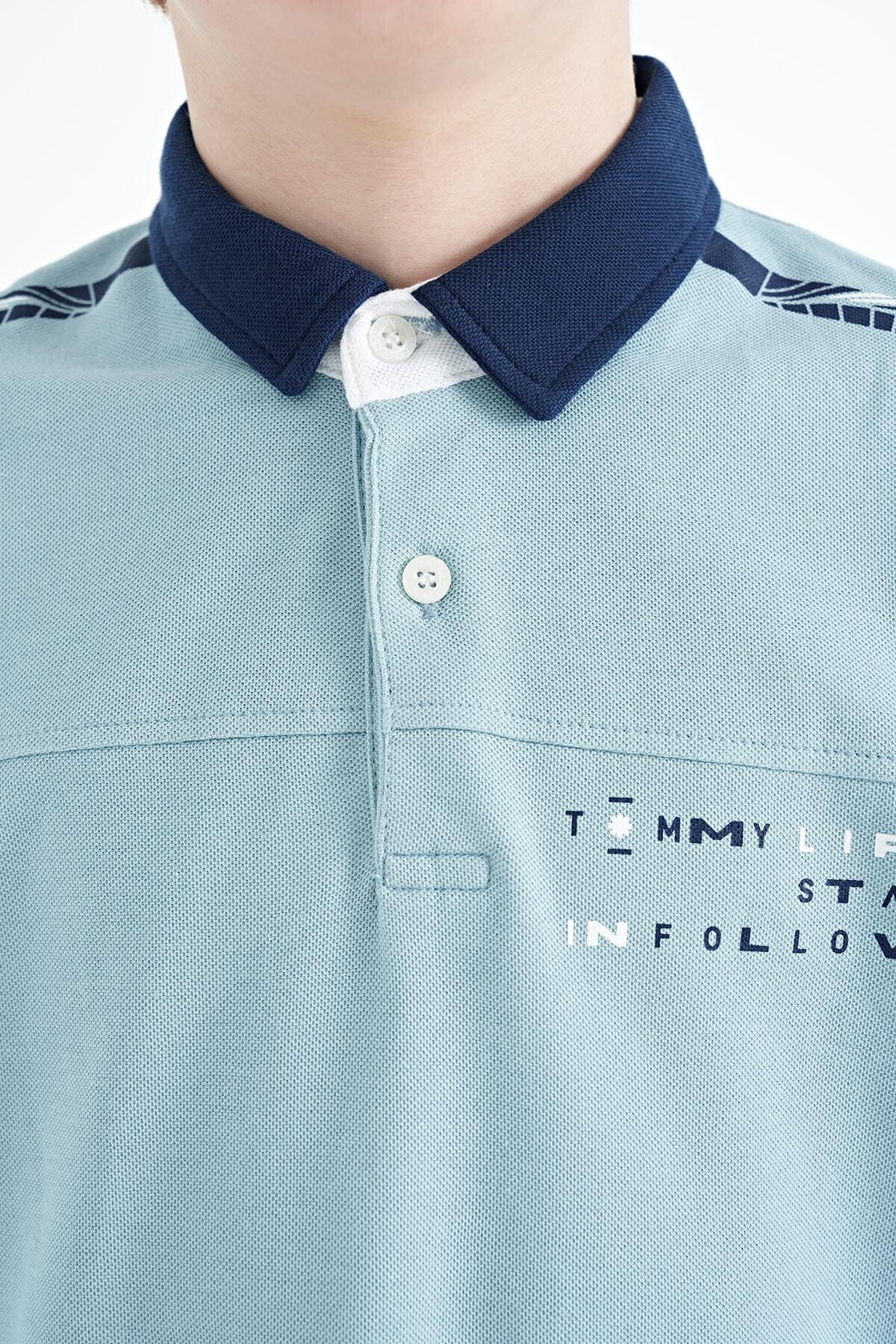 Light Blue Print Detailed Standard Cut Polo Collar Boys T-Shirt - 11140