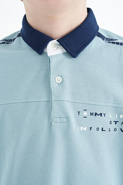 Light Blue Print Detailed Standard Cut Polo Collar Boys T-Shirt - 11140