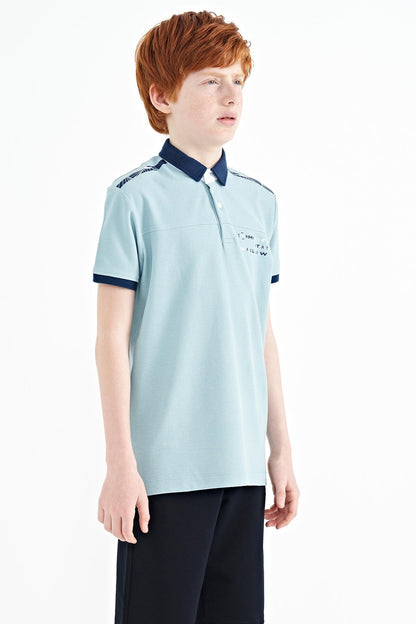 Light Blue Print Detailed Standard Cut Polo Collar Boys T-Shirt - 11140