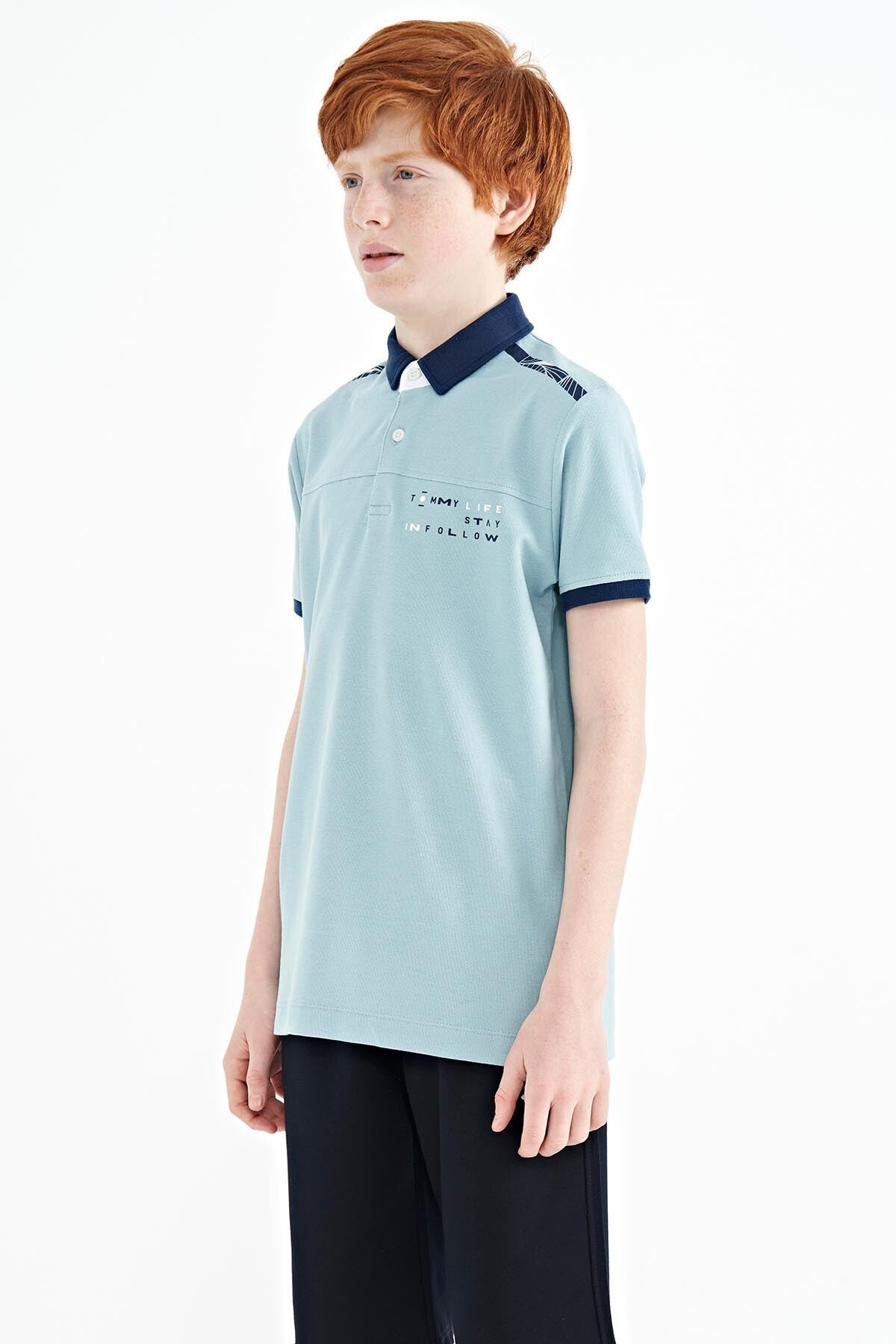 Light Blue Print Detailed Standard Cut Polo Collar Boys T-Shirt - 11140