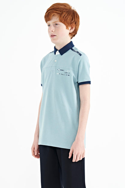 Light Blue Print Detailed Standard Cut Polo Collar Boys T-Shirt - 11140