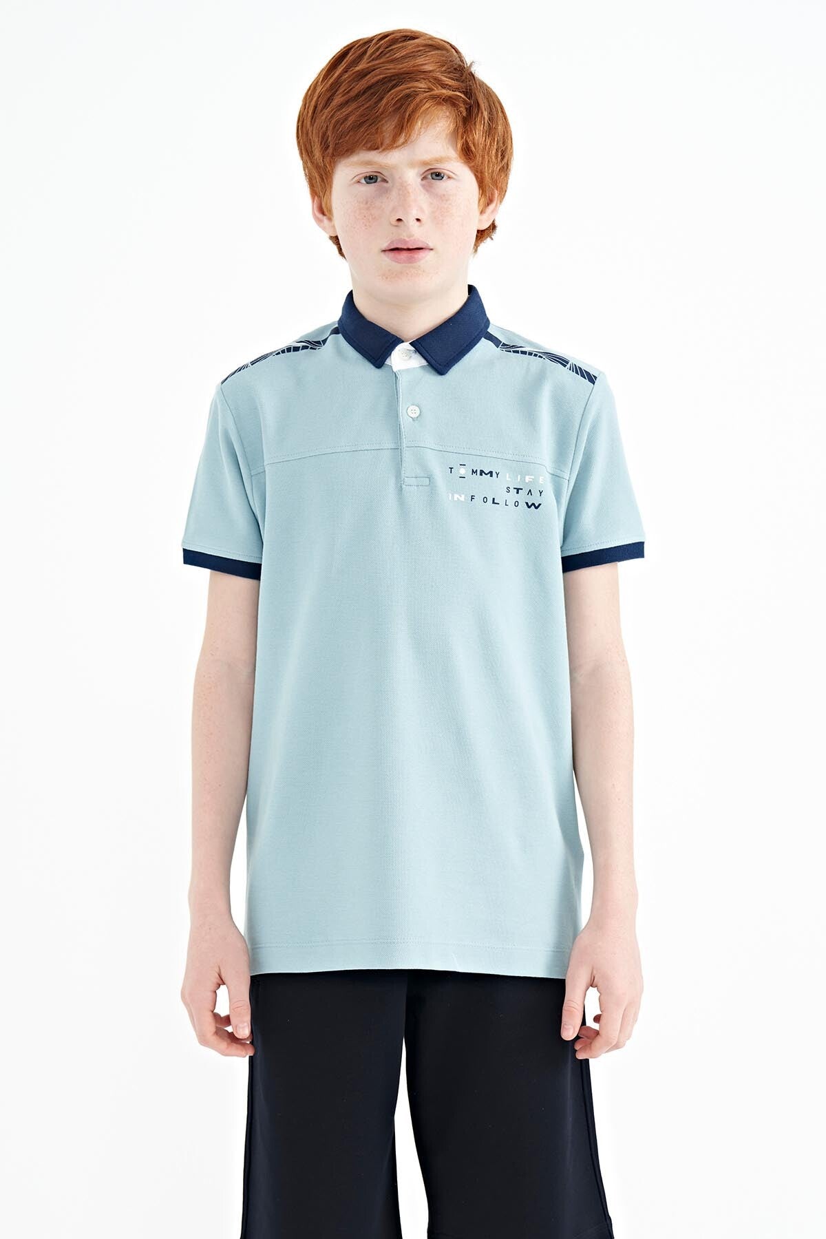 Light Blue Print Detailed Standard Cut Polo Collar Boys T-Shirt - 11140