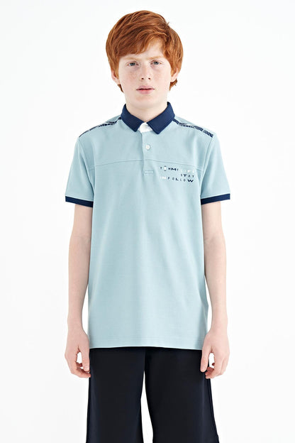 Light Blue Print Detailed Standard Cut Polo Collar Boys T-Shirt - 11140