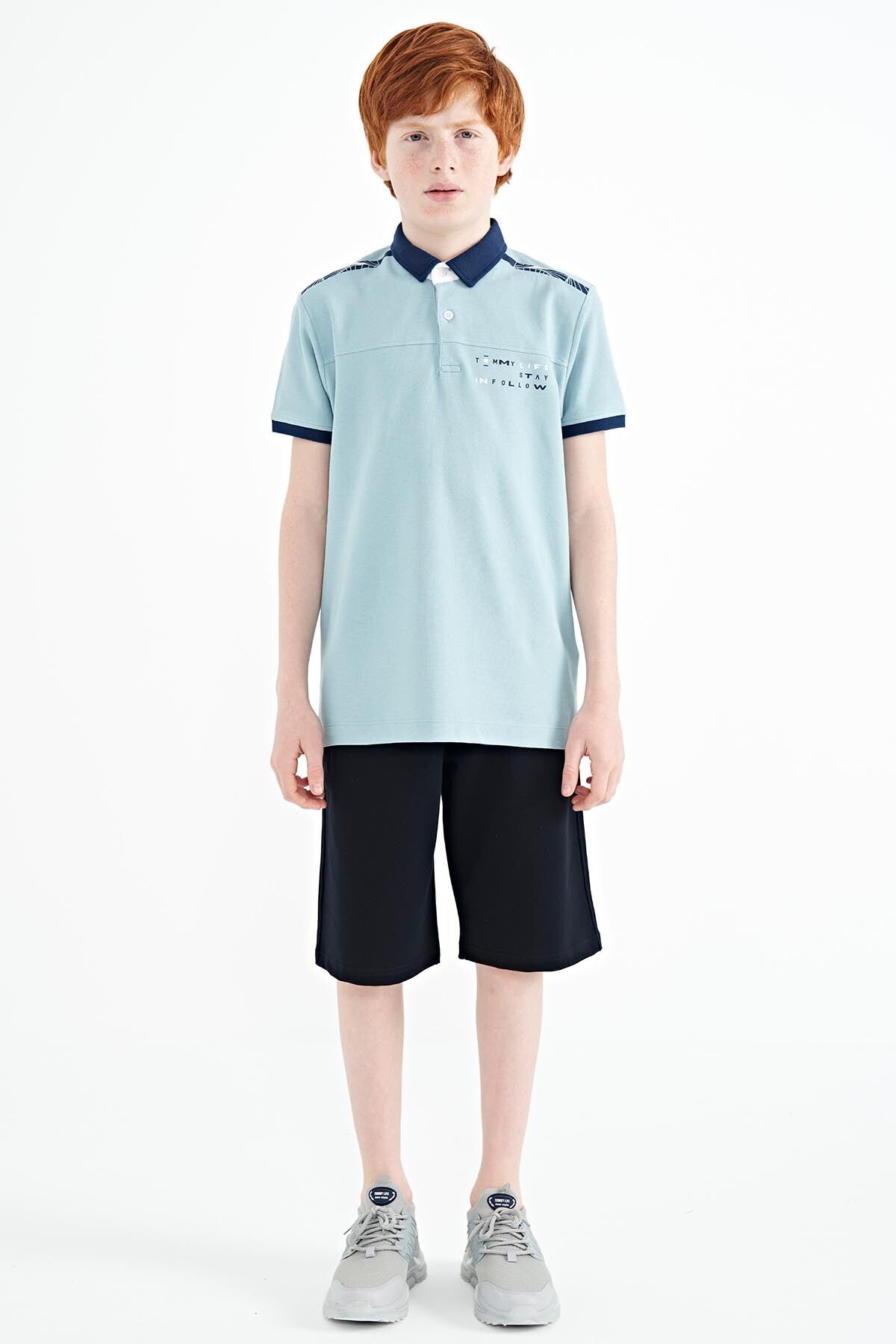 Light Blue Print Detailed Standard Cut Polo Collar Boys T-Shirt - 11140