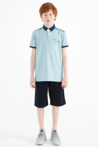 Light Blue Print Detailed Standard Cut Polo Collar Boys T-Shirt - 11140