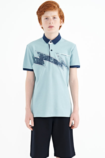 Light Blue Print Detailed Standard Cut Polo Collar Boys T-Shirt - 11154