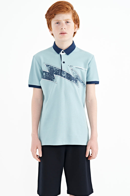 Light Blue Print Detailed Standard Cut Polo Collar Boys T-Shirt - 11154