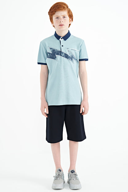 Light Blue Print Detailed Standard Cut Polo Collar Boys T-Shirt - 11154
