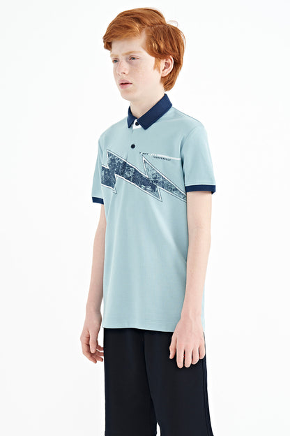 Light Blue Print Detailed Standard Cut Polo Collar Boys T-Shirt - 11154