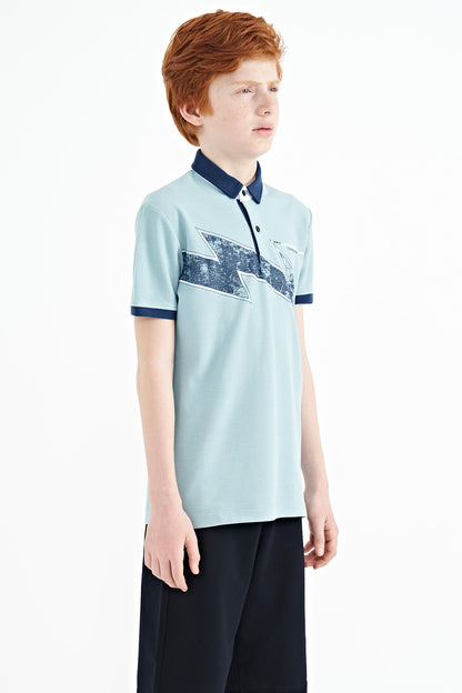 Light Blue Print Detailed Standard Cut Polo Collar Boys T-Shirt - 11154