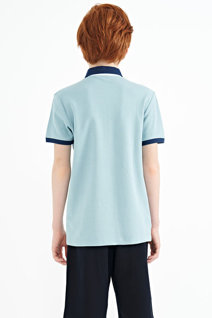Light Blue Print Detailed Standard Cut Polo Collar Boys T-Shirt - 11154