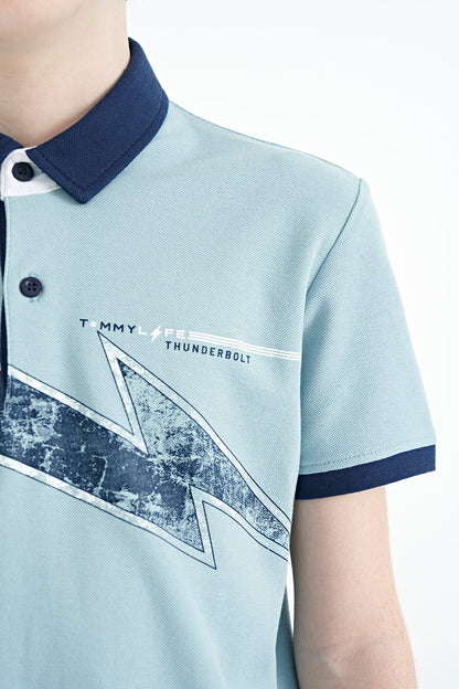 Light Blue Print Detailed Standard Cut Polo Collar Boys T-Shirt - 11154
